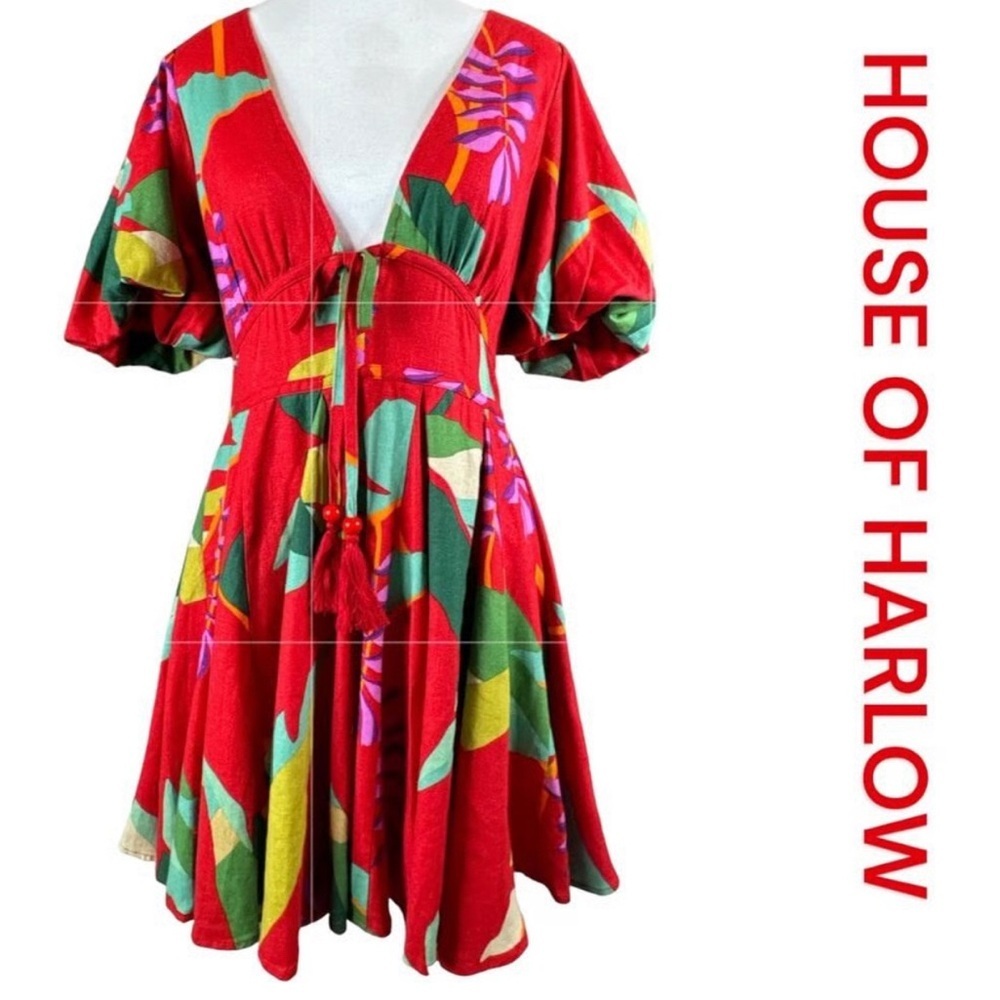 House of Harlow 1960 Tropical Puff Sleeve Mini Dress Size: USA 8 - Picture 3 of 12